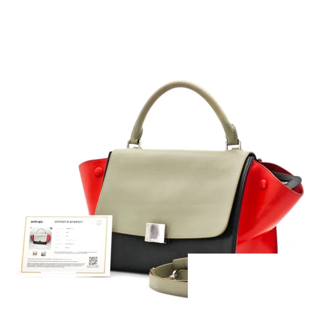 Celine Leather Trapeze 2-Way Shoulder Bag Black Khaki Red Strap in Black Leather from The Reluxe