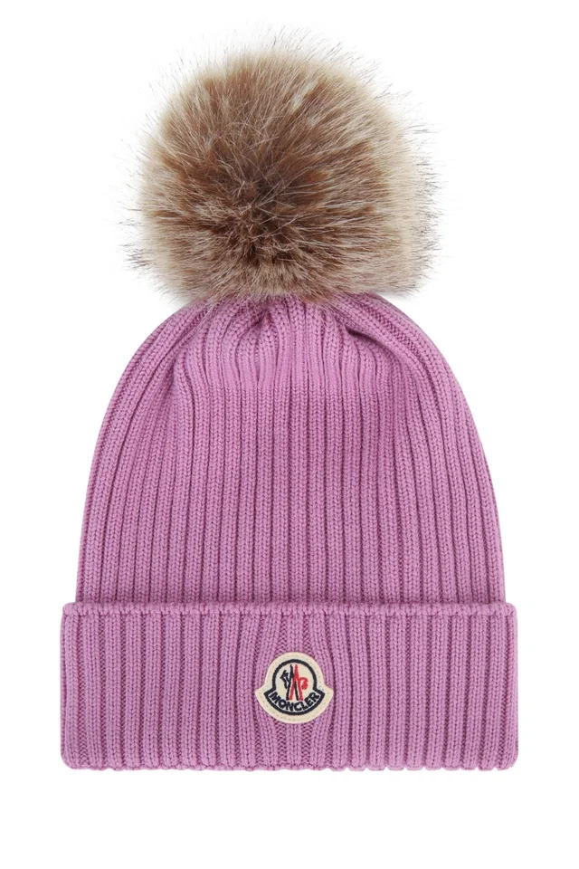 Moncler Hat Ribbed Knit With Fur Pompom Winter — Purple Mixed Fibres in Purple from HEWI