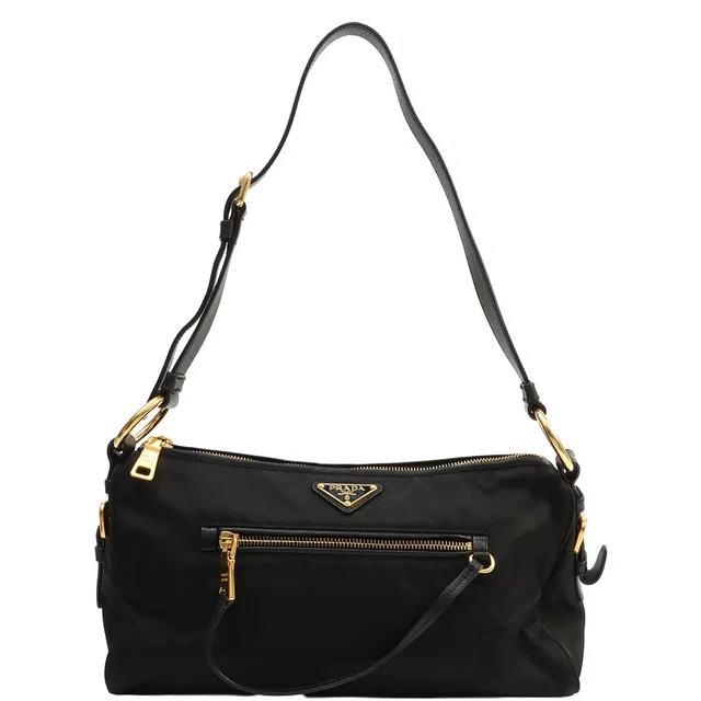 Prada Nylon logo plate shoulder bag in black in Black Nylon from VINTAGE QOO TOKYO