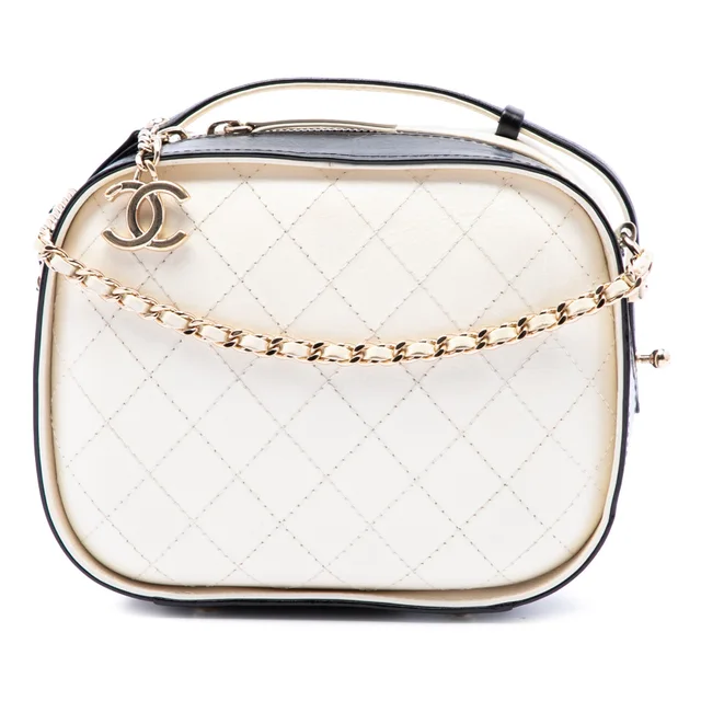 White Chanel Small CC Quilted Crumpled Calfskin Vanity Case Satchel in White Calfskin from Designer Revival
