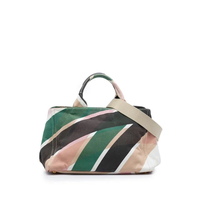 White Prada Multicolor Printed Canvas Canapa Satchel in White Canvas from Designer Revival