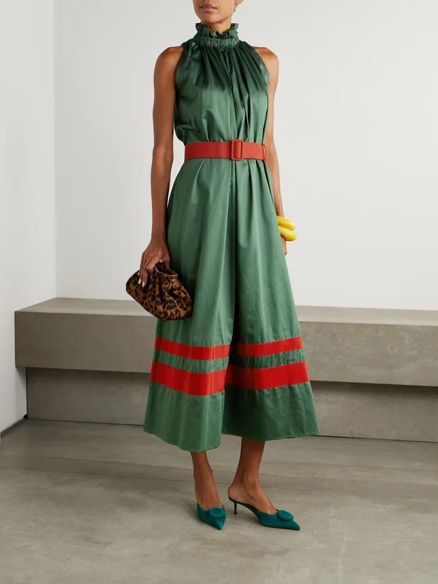 MARTA FERRI Camogli belted ruched grosgrain-trimmed cotton-poplin halterneck midi dress in Green, photo 2 of 2 from NET-A-PORTER (Canada)