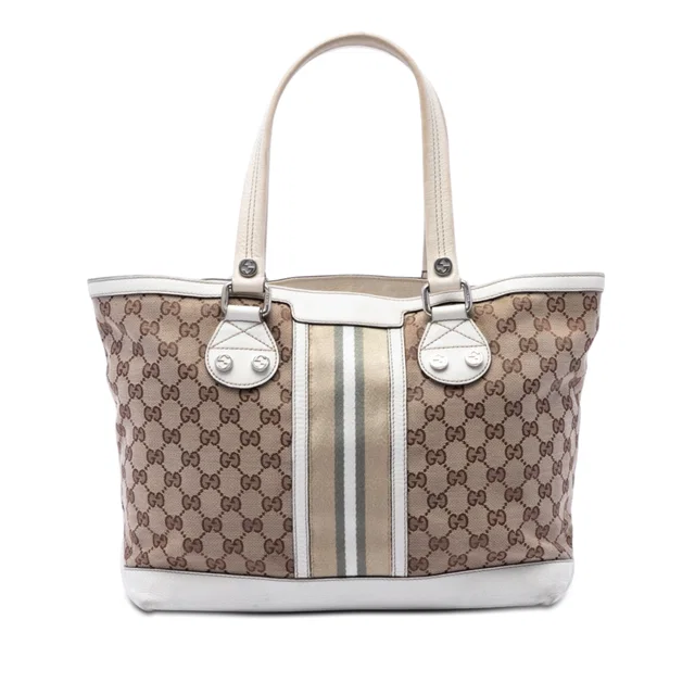 Beige Gucci Small GG Canvas Web Libeccio Sunset Tote in Beige Canvas from Designer Revival