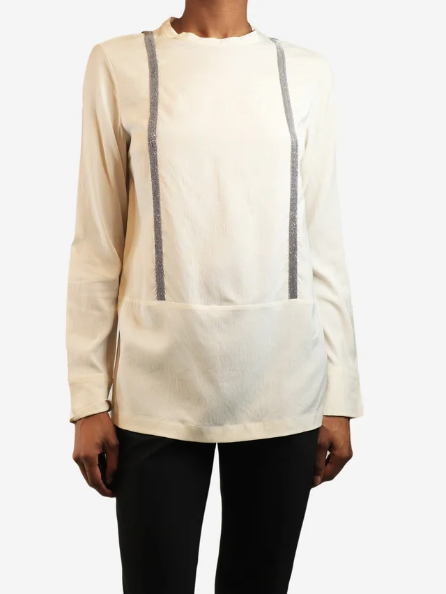 Brunello Cucinelli Beige silk beaded front long-sleeve top - size S in Beige Silk from Sign of the Times
