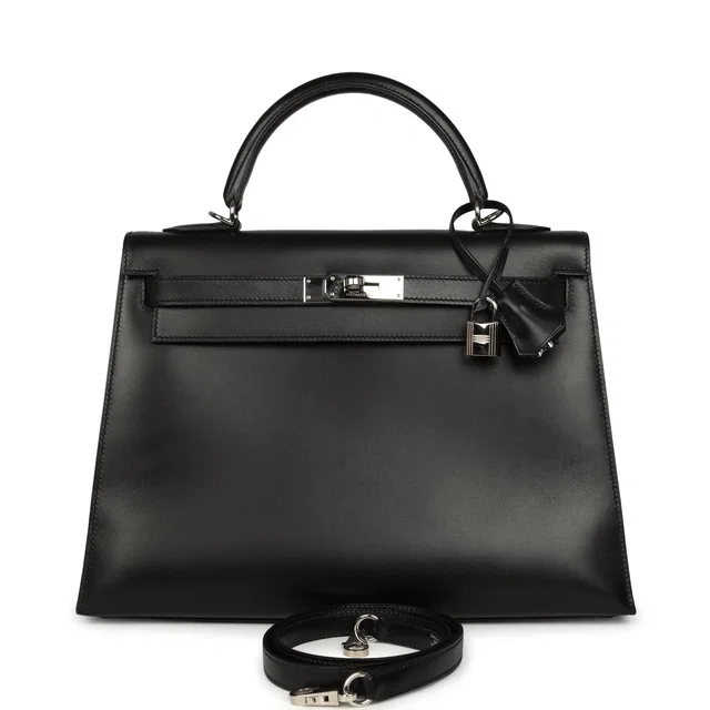 Hermès Vintage Kelly Sellier 32 Black Box Palladium Hardware in Black Calfskin from Madison Avenue Couture