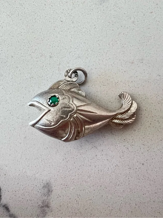 Vintage Italian 800 Silver Puffed Fish Pendant Unoaerre 1 Ar Green Stone Eyes in green|gray|silver from Poshmark