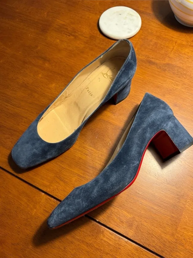 Christian Louboutin Blue Suede Block Heel Pumps in blue|red Suede from Poshmark