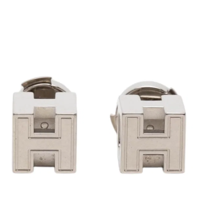 Silver Hermès Palladium Plated Cage dH Cube Push Back Earrings in Silver from Designer Revival