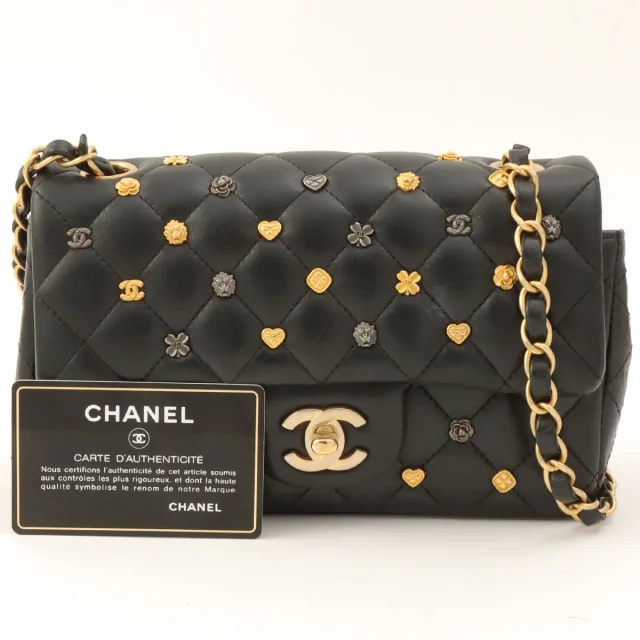 Chanel Around 2018 Made Studded Icon Lucky Charm Classic Flap Chain Bag Black in Black Lambskin from VINTAGE QOO TOKYO, photo 13 of 13