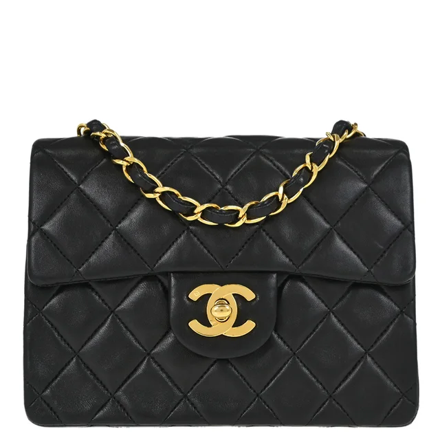 Chanel 1991-1994 Black Lambskin Mini Classic Square Flap Shoulder Bag 17 in Black Lambskin from AMORE Vintage Tokyo