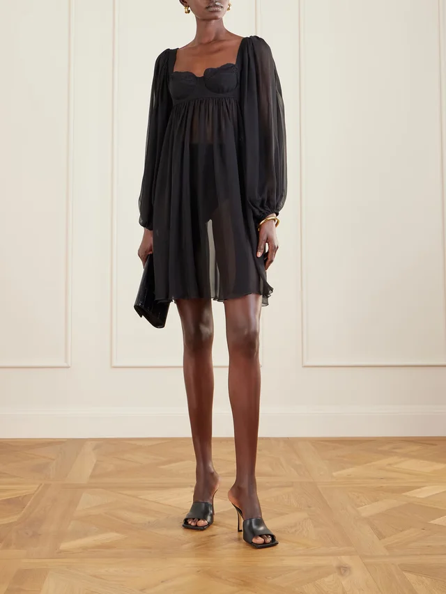 DOLCE&GABBANA Pleated lace-trimmed silk and cotton-blend voile mini dress in Black, photo 2 of 2 from NET-A-PORTER (Canada)