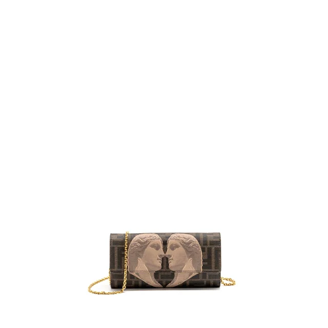 Fendi Continental Wallet on Chain FF Fabric/Calfskin Tobacco Brown/Beige GHW in Brown Calfskin from EMIER