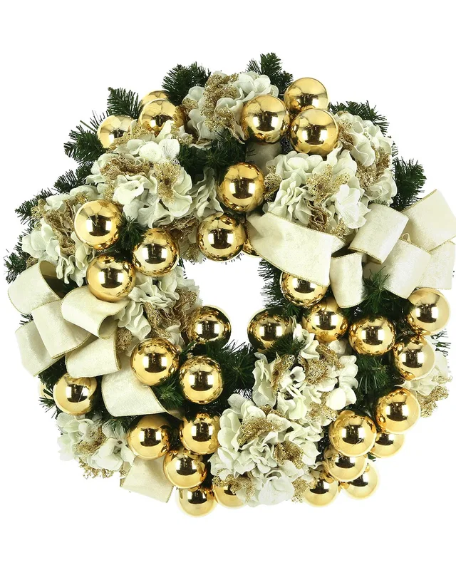 Creative Displays 26" Cream And Gold Holiday Wreath With Hydrangeas, Ornaments, And Velvet Bows, image 1 of 1 from Rue La La