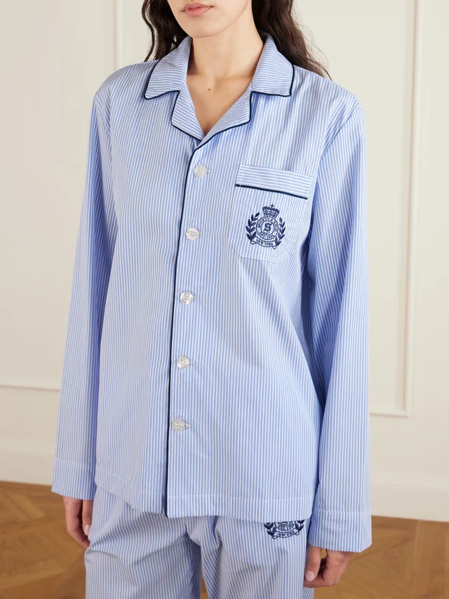 SPORTY & RICH Embroidered striped cotton-poplin pajama shirt in Blue, photo 2 of 2 from NET-A-PORTER (Canada)