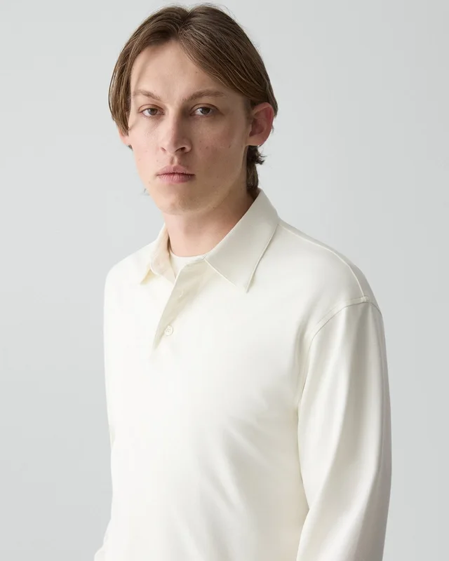 Theory Relaxed Long-Sleeve Polo Shirt in Cotton Jersey in WHITE, photo 11 of 12 from Theory