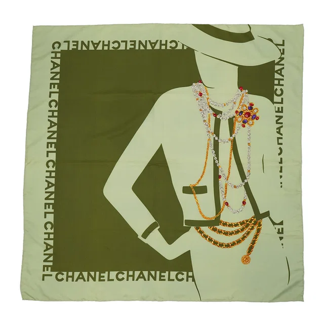 Chanel Vintage Scarf Mademoiselle Logo Green Silk in Green Silk from Luxury Promise