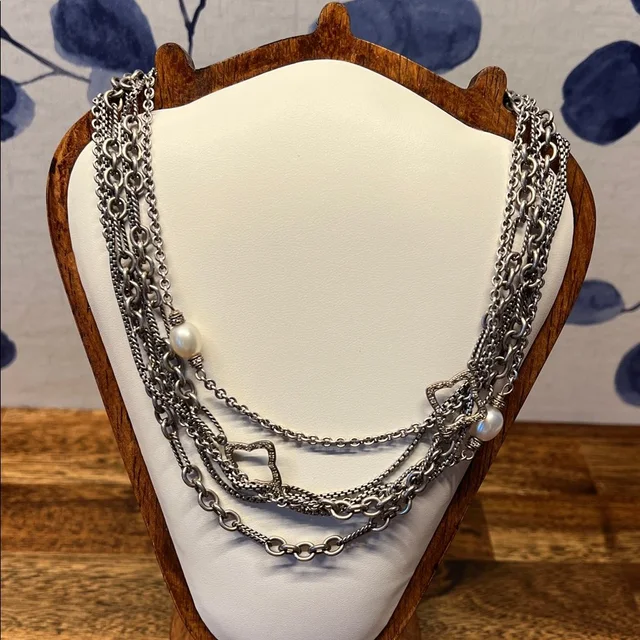 David Yurman Diamond Quatrefoil And Pearl Chain Necklace in white|silver|gray from Poshmark