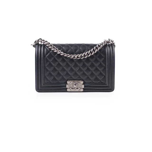 Chanel Old Meidum Boy Bag Black Lambskin RHW 22 Series in Black Lambskin from The Purse Affair