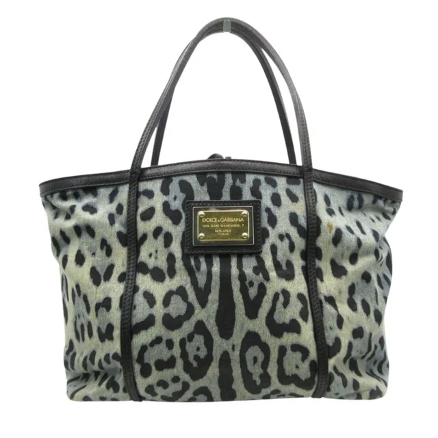 Dolce & Gabbana Tote Leopard Print Denim Leather Shoulder Bag Blue Black in Black Denim from The Reluxe