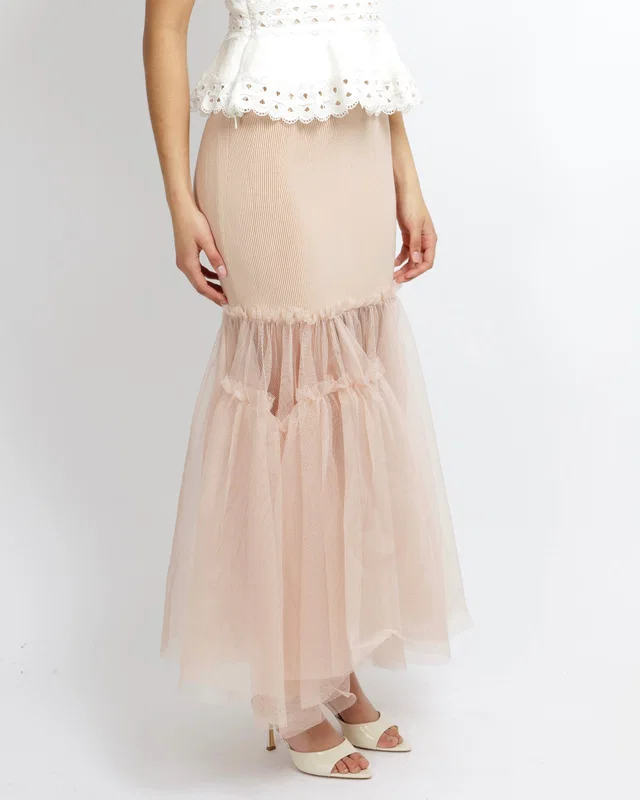 Alexander McQueen Blush Pink Layered Tulle-Trimmed Midi Knit Skirt Size S (UK 8) in Pink from Sellier
