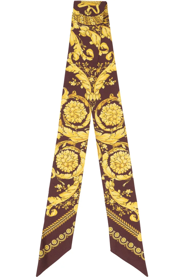 Burgundy & Yellow Printed Silk Twill Ribbon Scarf