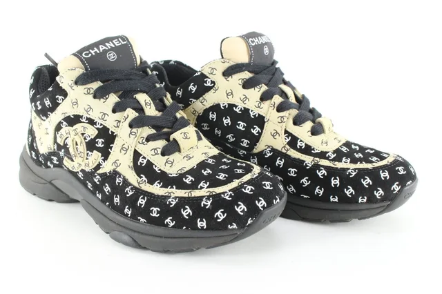 Chanel Women's 36 Light Brown x Black CC All Over Trainer Sneaker in Black from Bagriculture