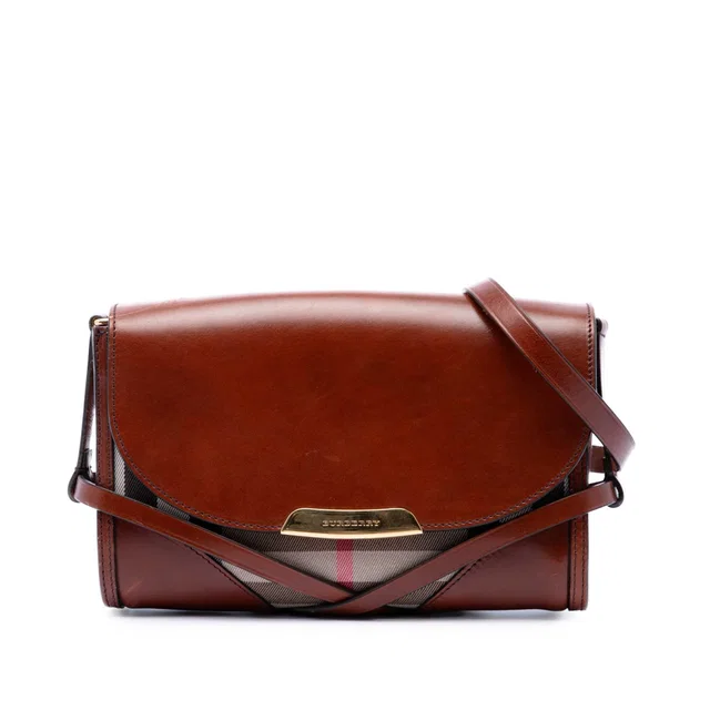 Brown Burberry Leather and House Check Canvas Bridle Abbott Crossbody in Brown Canvas from Designer Revival