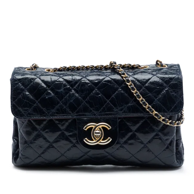 Blue Chanel CC Quilted Crackled Glazed Calfskin Accordion Flap Shoulder Bag in Blue Calfskin from Designer Revival