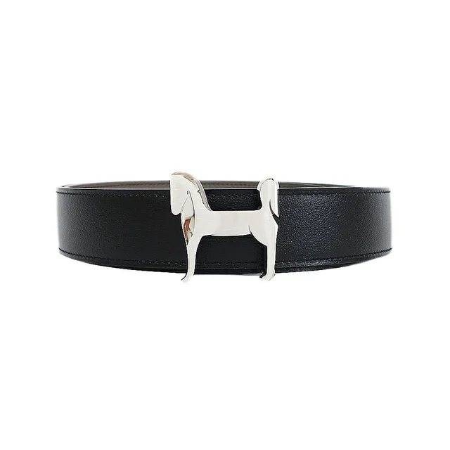 Hermès Belt Buckle Panash Leather 32 Black Gray Silver Reversible in Black Leather from The Reluxe