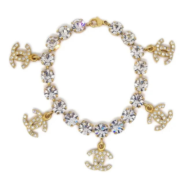 Chanel Charm Rhinestone Gold Bracelet 95A in Gold from AMORE Vintage Tokyo