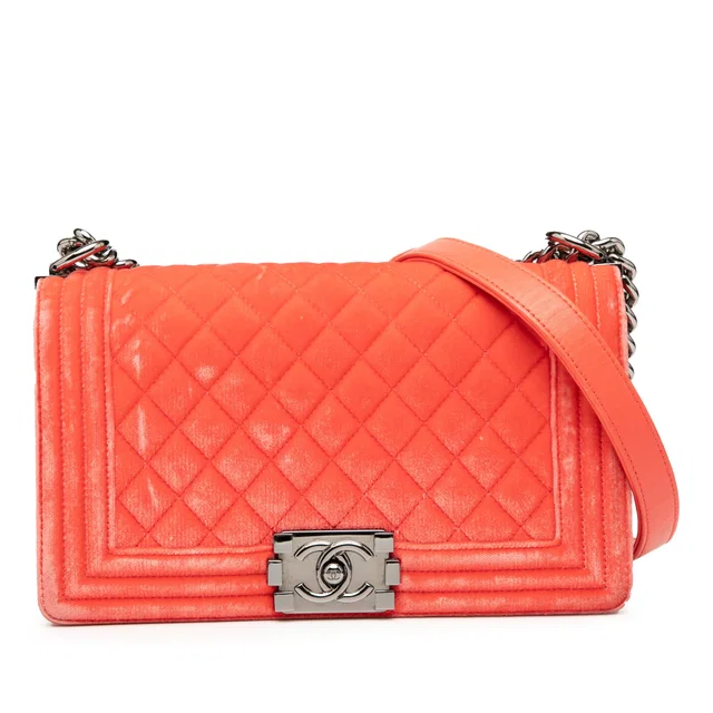 Orange Chanel Old Medium Quilted Velvet Boy Flap Crossbody Bag in Orange Velvet from Designer Revival