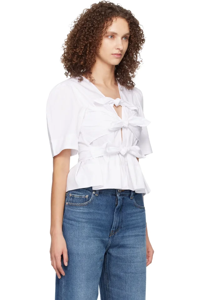 GANNI White Washed Stretch Cotton Tie Strap Blouse, photo 2 of 4 from SSENSE