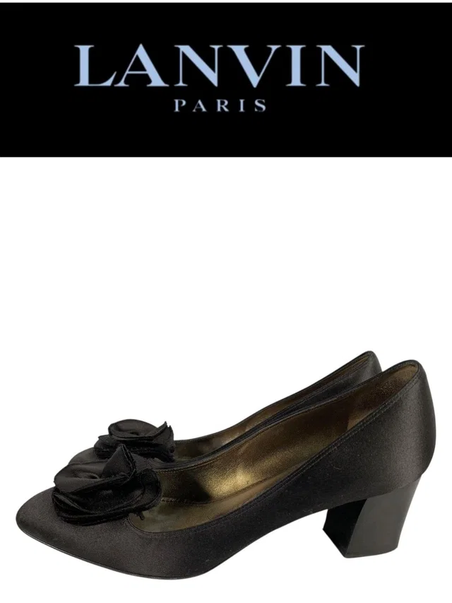 Lanvin Paris Black Satin Rosette Bow Pumps Chunky Block Heel Size 41 Authentic in black Satin from Poshmark
