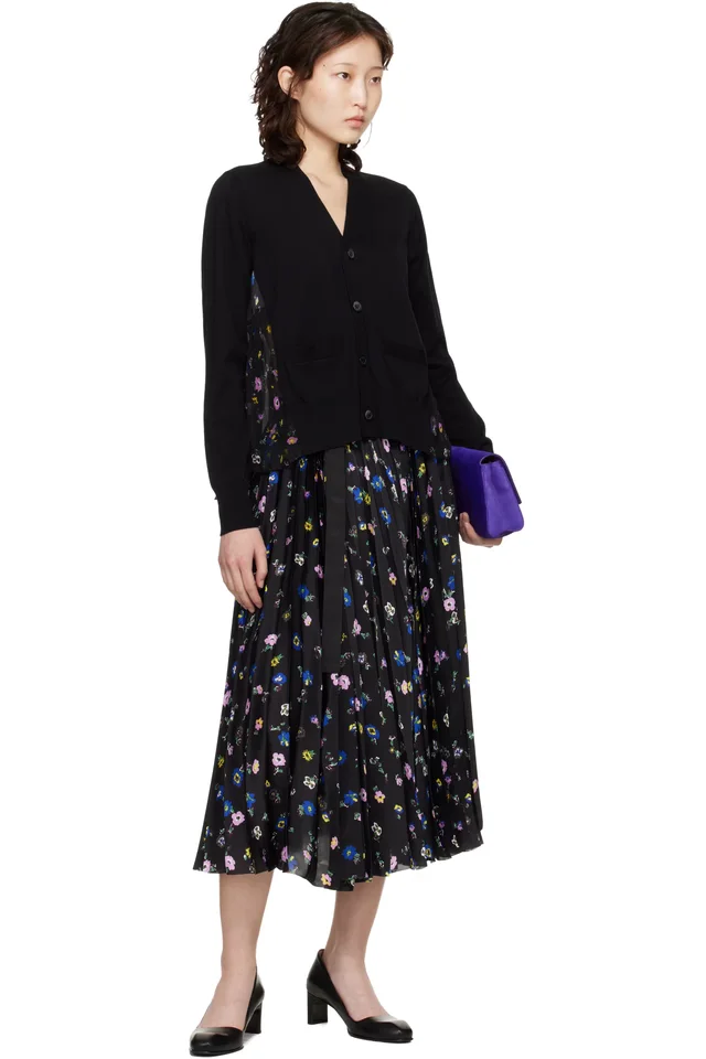 sacai Black Floral Print Cotton Knit Cardigan, photo 4 of 4 from SSENSE