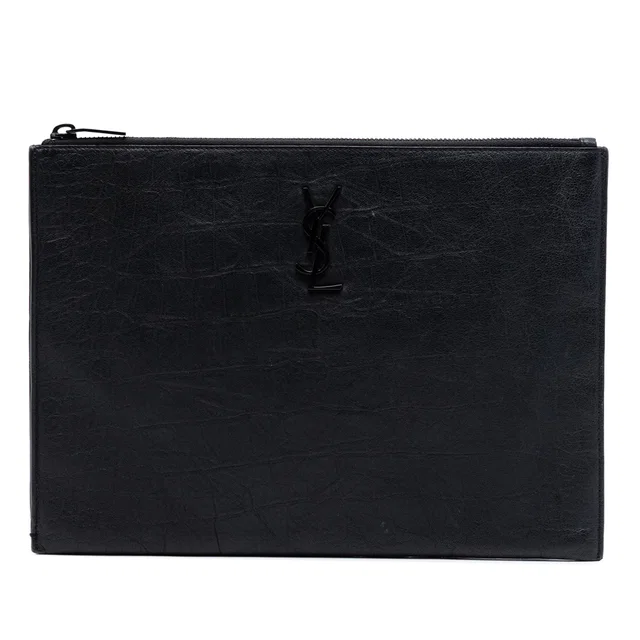 Black Saint Laurent Croc Embossed Leather Monogram Clutch in Black Crocodile from Designer Revival