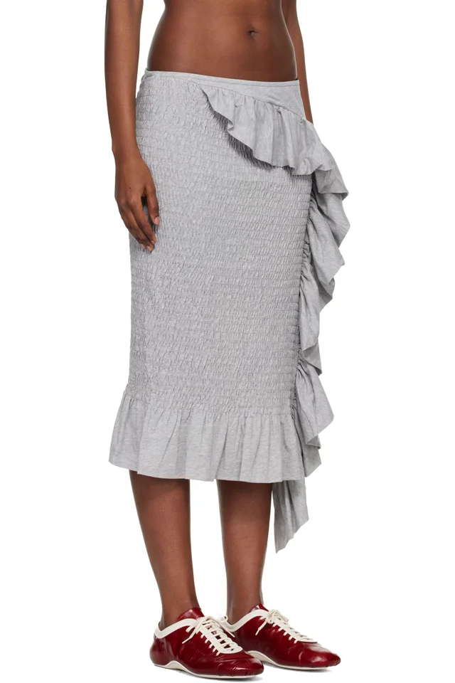 Dries Van Noten Gray Shirred Ruffle Midi Skirt, photo 2 of 4 from SSENSE