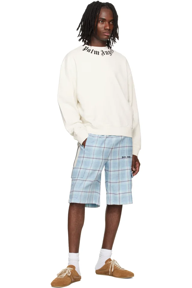 Palm Angels Blue Logo Check Cargo Shorts, photo 4 of 4 from SSENSE