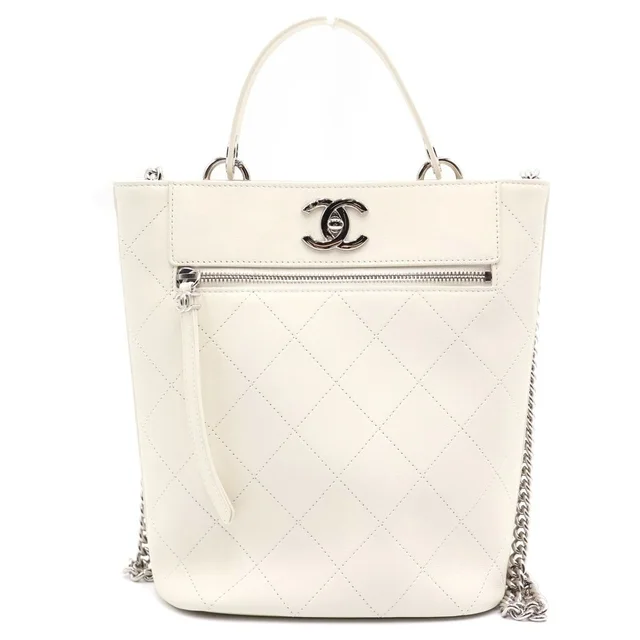 Chanel Quilted CC Logo Leather Bucket Bag 2-Way White 27 in White Leather from The Reluxe