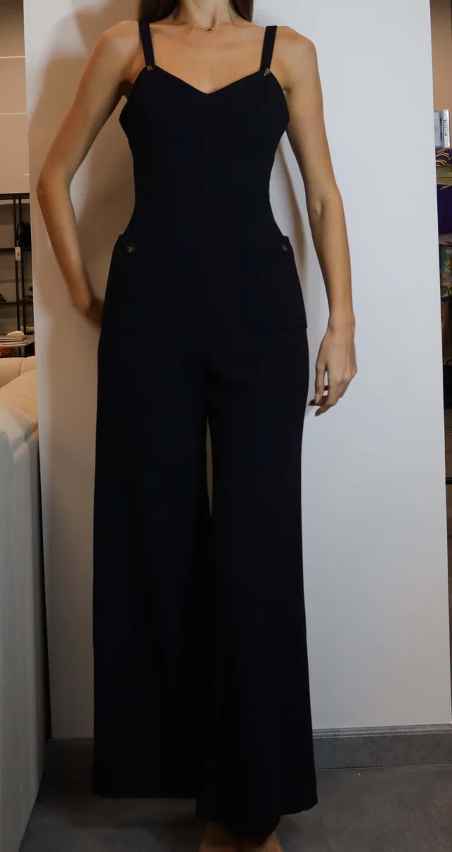 Chanel Logo Gold Button Jumpsuit NAvy in Navy from Luxury Promise