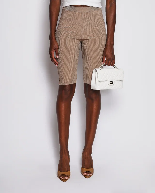 Beige Ribbed Biker Shorts with Gold YSL Logo Detail Size S (UK 8) in Beige from Sellier