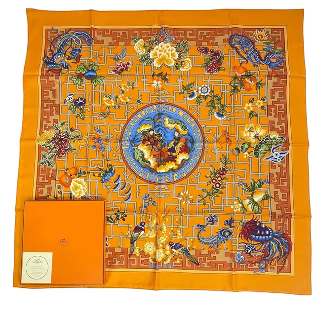 Hermès Scarf Silk Carre 90 Turandot Natsunohidaka Orange Blue in Blue Silk from The Reluxe