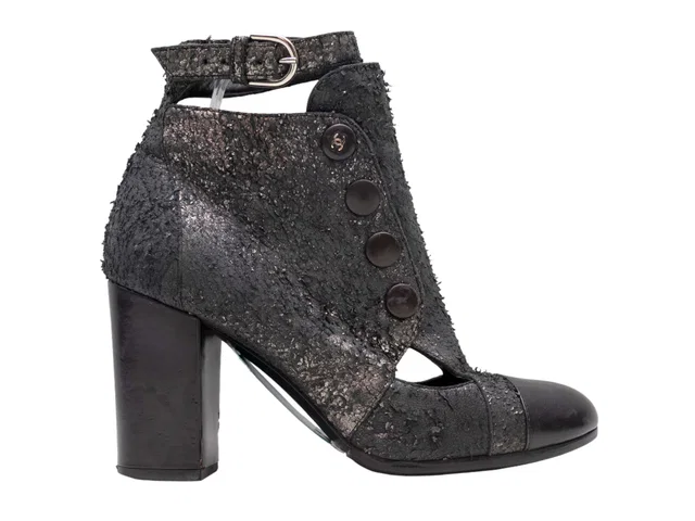 Gunmetal & Black Chanel Cap-Toe Distressed Cutout Booties Size 38.5 in Black Leather from Designer Revival