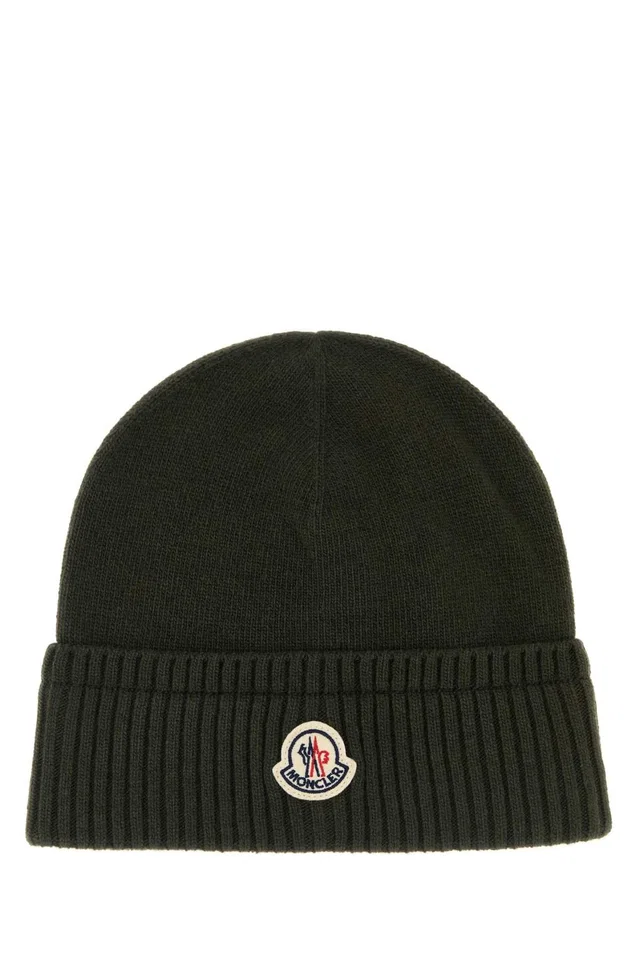 Moncler Hat Virgin Wool Blend Beanie — Green Beanies in Green Wool from HEWI