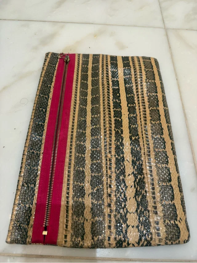 Lanvin Lancing Textured Snake-Print Zip Pouch In Tan, Black & Hot Pink in black|brown|neutral Leather from Poshmark