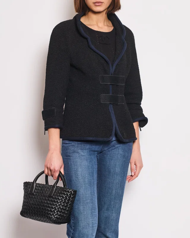 Chanel Spring 2017 Runway Black Tweed Jacket with Velcro and Navy Details Size FR 42 (UK 14) in Black Tweed from Sellier