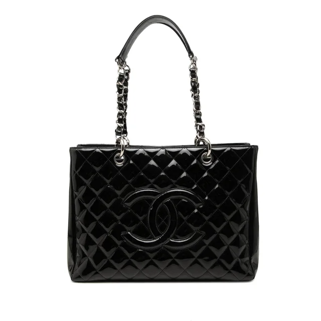 Black Chanel Patent Grand Shopping Tote in Black Patent leather from Designer Revival