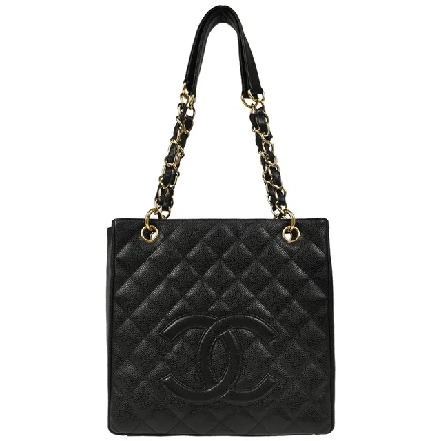Chanel 2003-2004 Black Caviar Petite Shopping Tote PST Chain Handbag in Black Caviar leather from AMORE Vintage Tokyo
