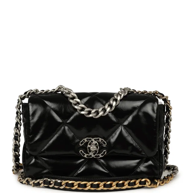 Chanel Medium 19 Flap Bag Black Shiny Crumpled Calfskin Mixed Metal Hardware in Black Calfskin from Madison Avenue Couture