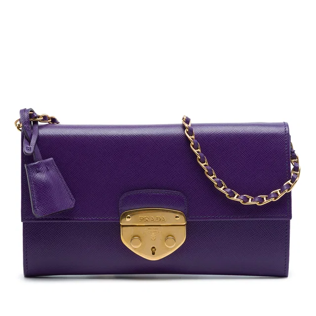 Purple Prada Saffiano Sound Lock Wallet on Chain Crossbody Bag in Purple Saffiano leather from Designer Revival