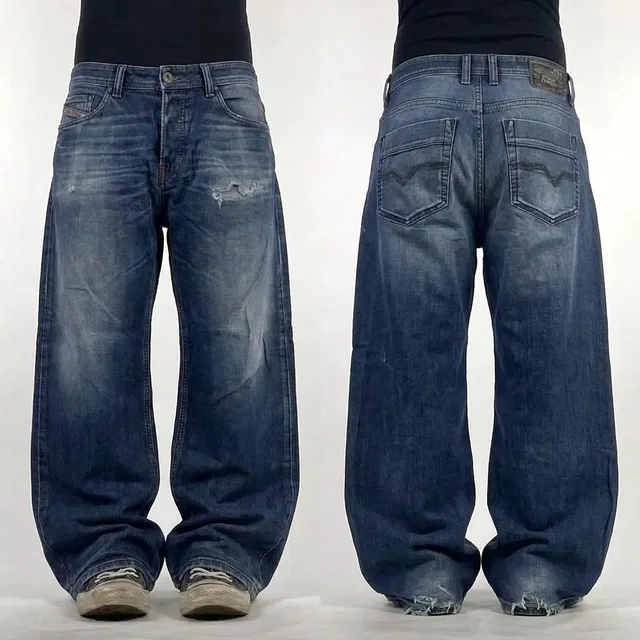 Diesel Vintage Y2K Baggy Straight Leg Euro Whiskered Jeans in blue from Grailed